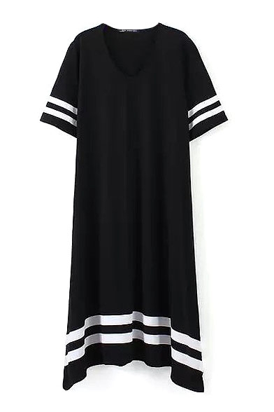 Black Short Sleeve Stripe Asymmetric Hem Dress