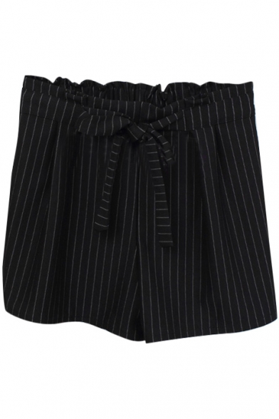 Black Vertical Stripe Bow Tie High Waist Casual Shorts