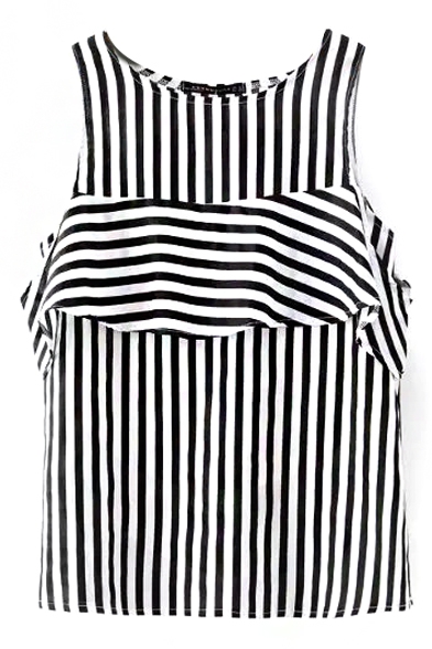 Black&White Stripe Ruffle Front Sleeveless Blouse