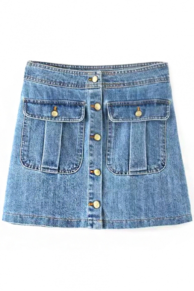 Blue High Waist Single Breast Pockets Denim Skirt