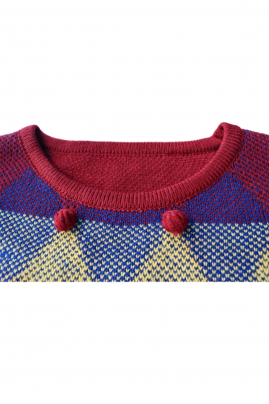 Geometrical Diamond Pattern Sweater Embellished with Hand Made Ball