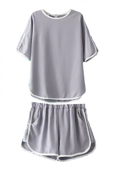 Gray Contrast Trim Chiffon T-Shirt&Shorts Co-ords