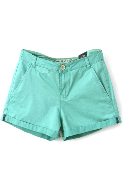 Green Plain Fitted Pocket Cotton Shorts