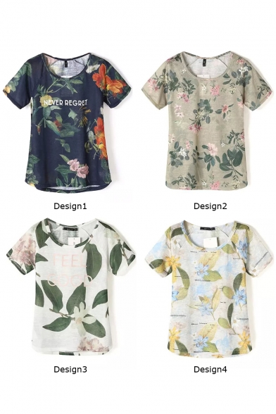 Leaves&Flower Print Short Sleeve Fresh Style T-Shirt