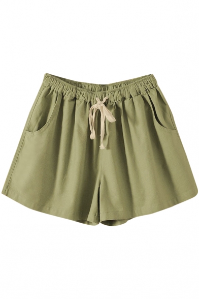 Light Green Drawstring Waist Casual Loose Shorts