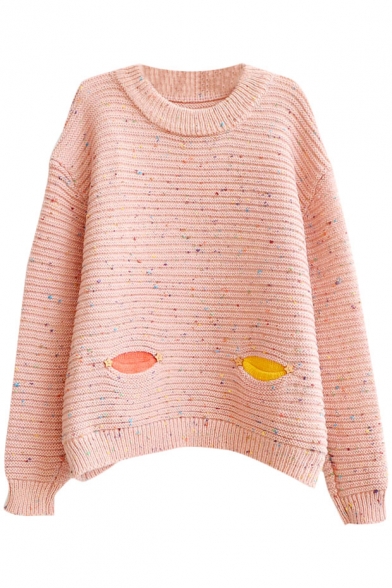 Owl Elbow Patch Colorful Polka Dot Round Neck Mohair Sweater