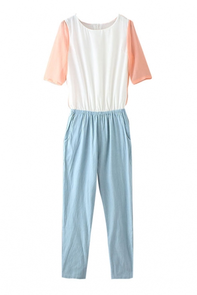 Pink 1/2 Sleeve Blue Pants Color Block Style Jumpsuit