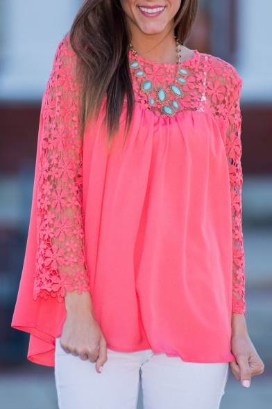 Red Cutout Lace Inserted Long Sleeve Blouse