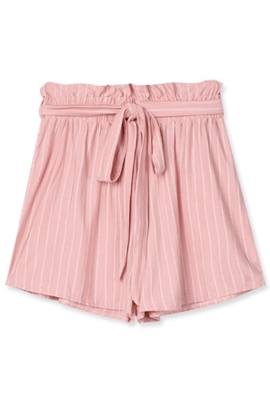 Striped Elastic Waist Belted Casual Shorts
