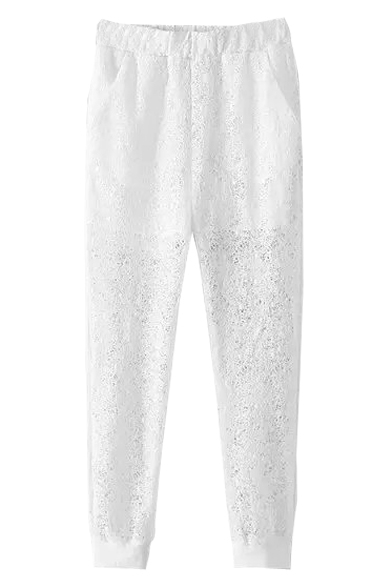 White Lace Cutout Sheer Elastic Waist Harem Pants