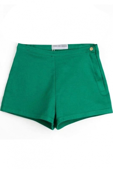 Plain Single Button High Rise Fitted Shorts