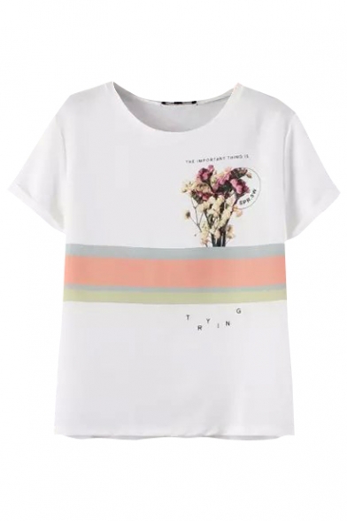 White Short Sleeve Bouquet Stripe Print T-Shirt