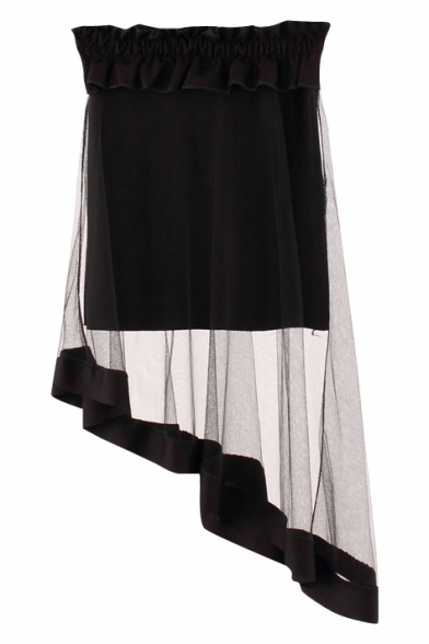 Black Asymmetric Hem Sheer Mesh Ruffle High Waist Skirt
