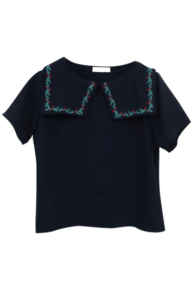 Black Embroidered Floral Lapel Short Sleeve Blouse