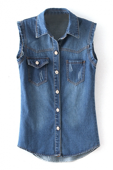 Blue Double Pockets Classic Denim Shirt Style Vest - Beautifulhalo.com
