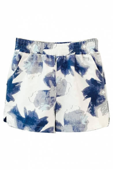 Blue Ink Flower Print Loose Shorts