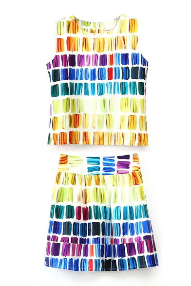 Colorful Square Print Sleeveless Top with Skirt Co-ords