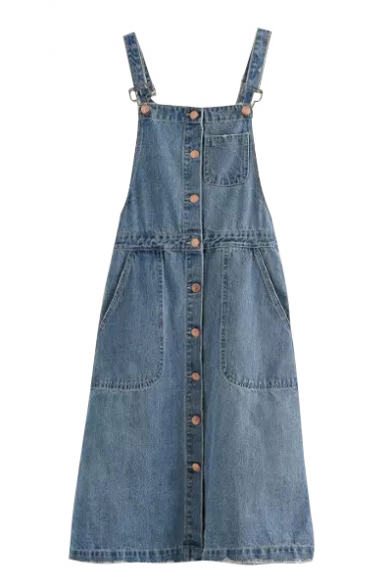 Denim Button Fly Overall Dress with Pockets - Beautifulhalo.com