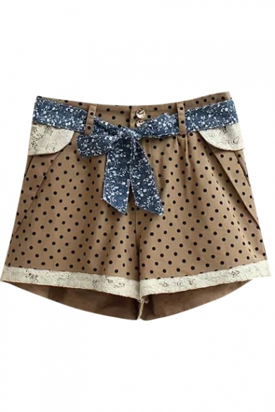 Khaki Dot Print Lace Insert Shorts with Flora Belt