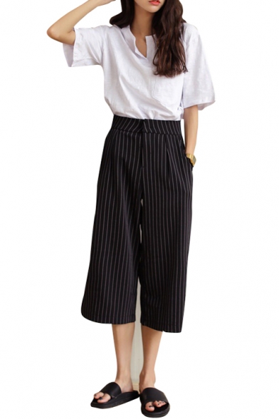 Navy Vertical Stripe Cropped Wide Leg Pants