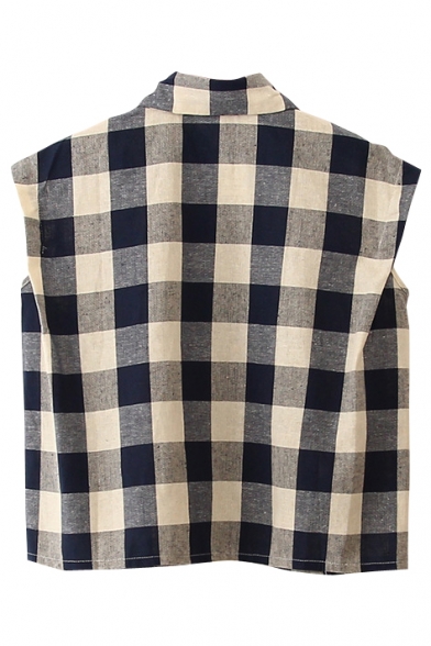 Plaid Sleeveless Lapel Double Pocket Front Casual Shirt - Beautifulhalo.com