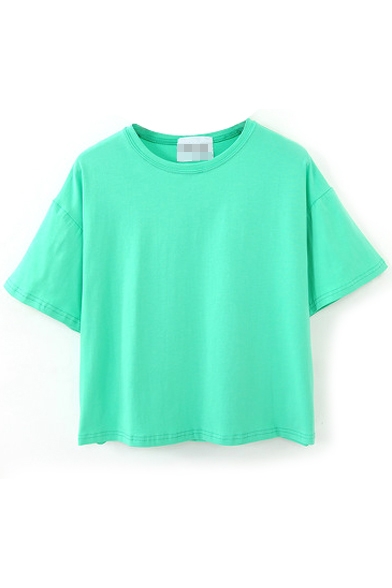 Plain Candy Color Round Neck Short Sleeve Tee - Beautifulhalo.com