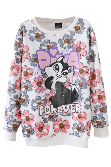Round Neck Squirrel and Floral Print Long Sleeve Sweatshirt