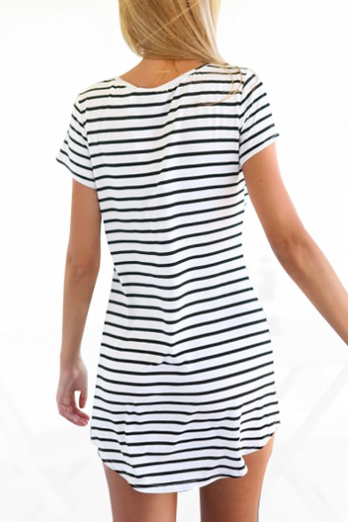 V-Neck Short Sleeve Striped T-Shirt Dress