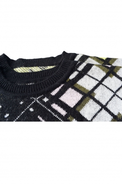 Vintage Geometric Print Loose Long Sleeve Mohair Sweater with Round Neck