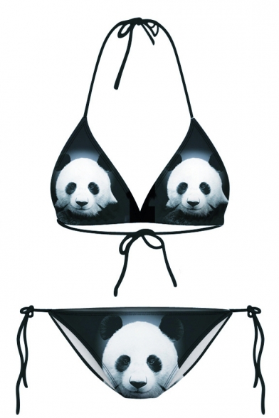 Cat and Panda Print Halter with String Bikini Set