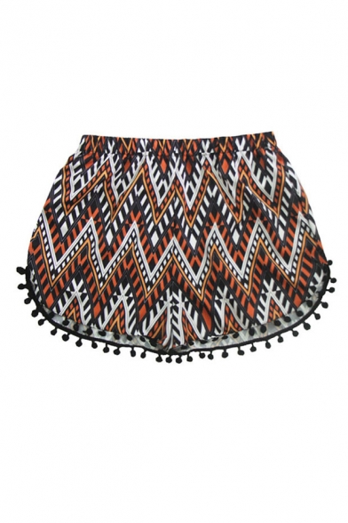 Curve Tribal Pattern Print Tassel Hem Beach Shorts