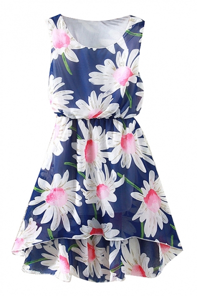 Dark Blue Dipped Hem Flower Print Tanks A-line Dress