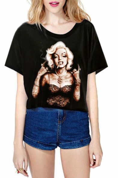 Round Neck Marilyn Monroe Print Crop T-Shirt