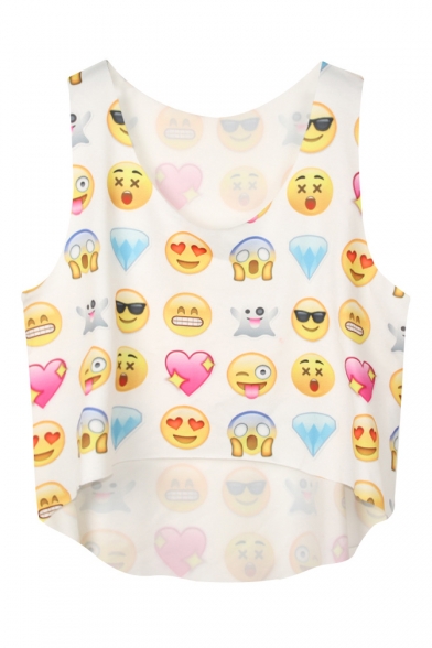 White Emoji Expression Print Crop Tank