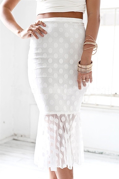 White Polka Dot Print Ruffle Hem Fitted Skirt