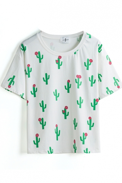 White Short Sleeve Cactus Print T-Shirt