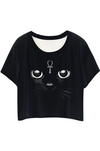 Black Cartoon Character Animal Print Crop T-Shirt - Beautifulhalo.com