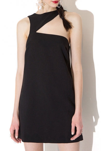Black One Shoulder Sleeveless Mini Dress