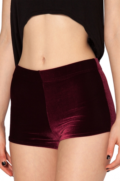 Burgundy Plain Skinny Velvet Shorts