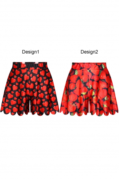 Red Strawberry and Heart Print Loose Culottes
