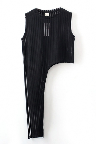 Fashion Vertical Stripe Sheer Tie Side Sleeveless Blouse
