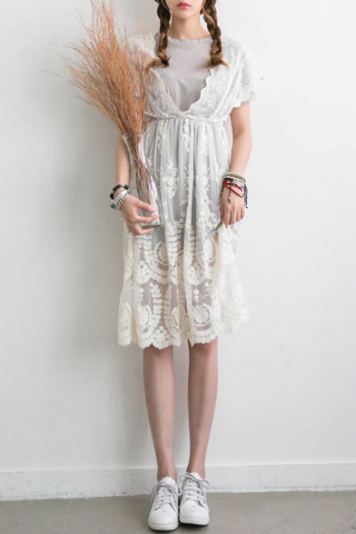 Gray Short Sleeve Lace Insert Fake Two Piece Dress