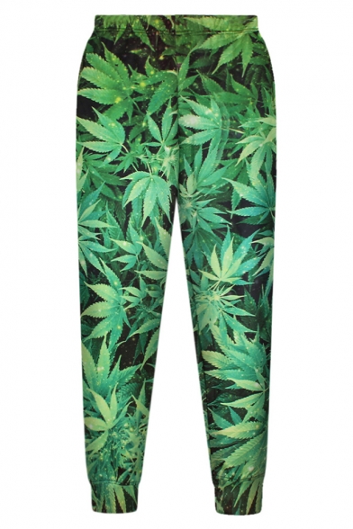 High Elastic Green Leaf Print Loose Pants