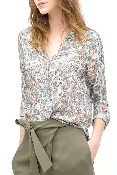 Paisley Print Stand Collar Long Sleeve Blouse