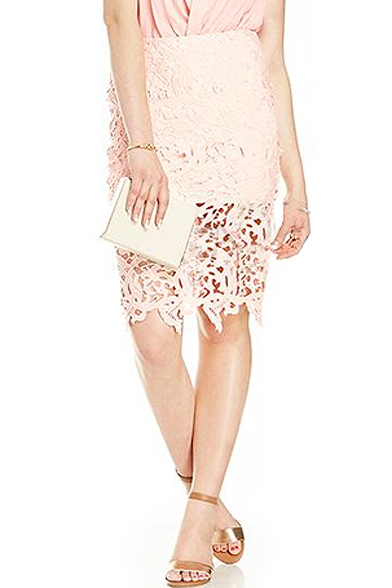 Pink Plain High Waist Lace Crochet Pencil Skirt