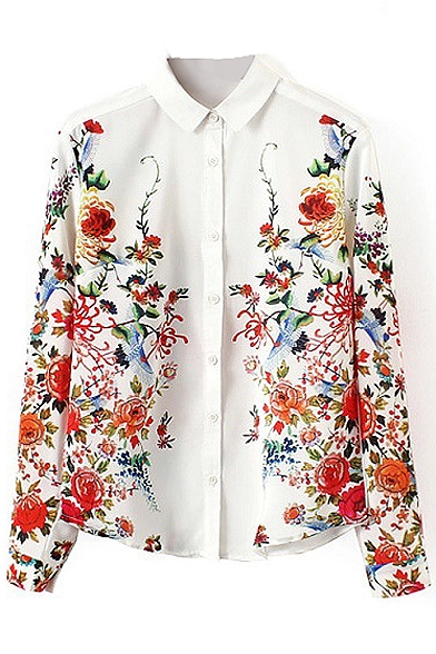 Red Floral and Birds Print Lapel Long Sleeve Shirt