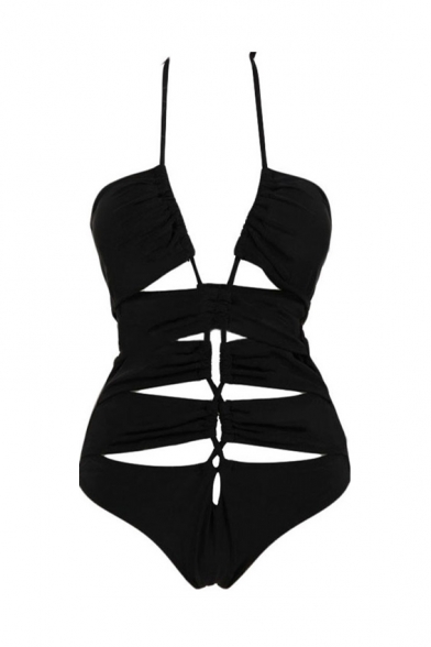 Black Cutout Front Halter Open Back One Piece - Beautifulhalo.com