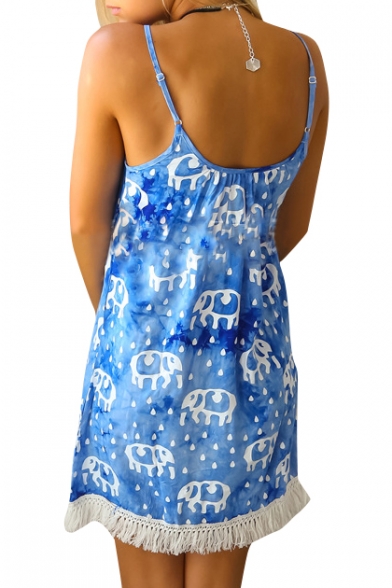 Blue Elephant Print Sleeveless Tassel Hem Dress