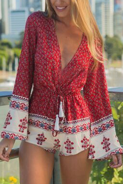 Red Plunge Neck Flare Sleeve Ethnic Pattern Rompers