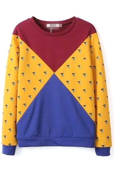 Color Block V Print Round Neck Sweatshirt